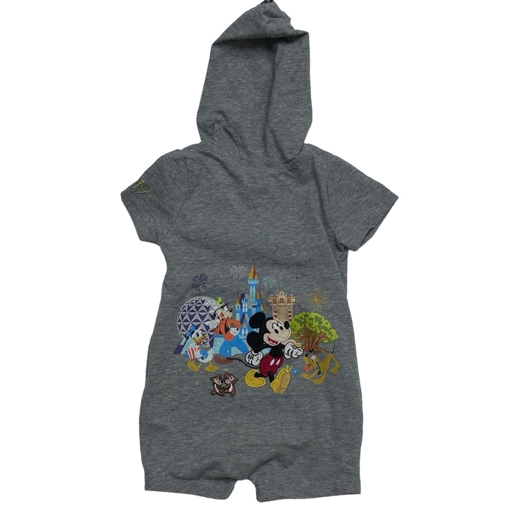 Disney Parks DisneyWorld Embroidered Mickey Mouse Friends Gray Hooded Romper 12M